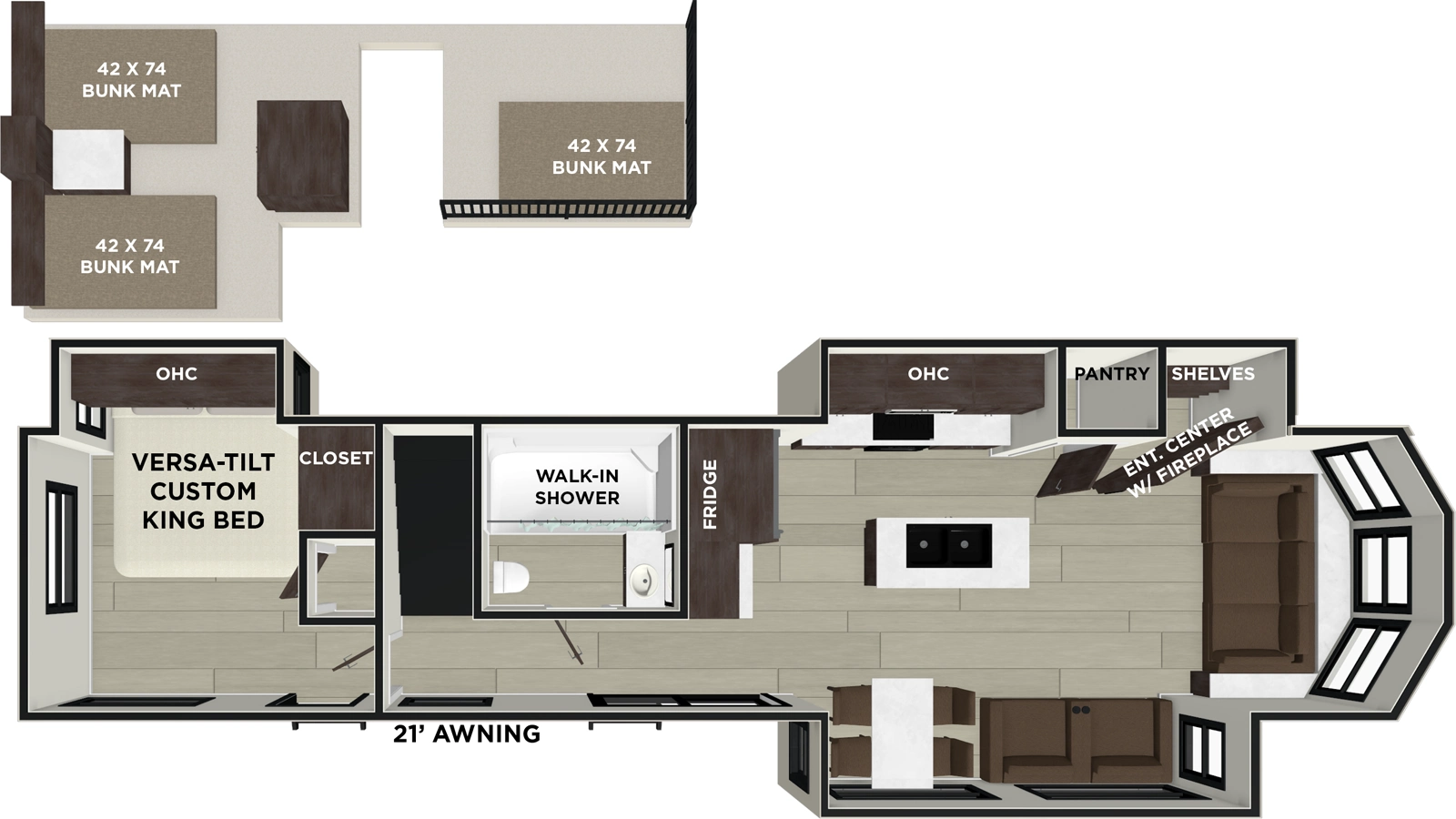 The Salem Villa 42FLDL has two entries and three slide outs. Exterior features include: metal or fiberglass exterior and 21' awning. Interiors features include: loft, kitchen island, free-standing dinette option, rear bedroom and front living.